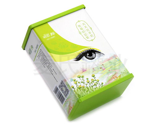 明目菊花茶铁盒子包装,花草茶马口铁盒,独特浮雕激凸工艺,用精湛的工艺彰显麦氏罐业12年定制包装的传承历史,材质有0.23mm镀锡马口铁,真材实料,相比纸质、三片罐，新颖包装更高档次